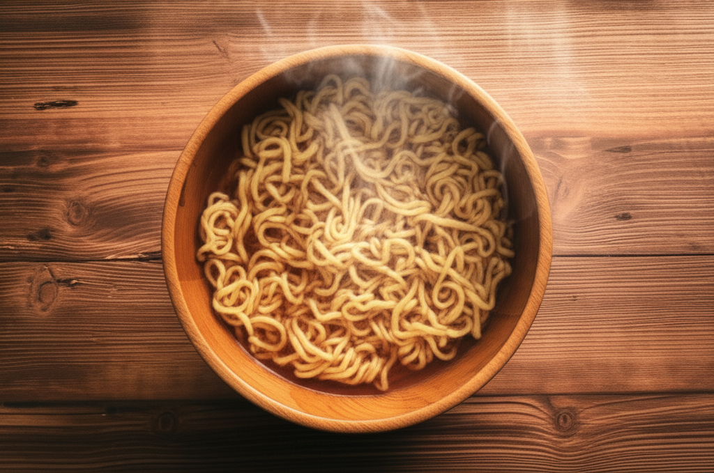 یک کاسه چوبی زیبا که در آن سوپ داغ و بخارآلود سرو شده است.