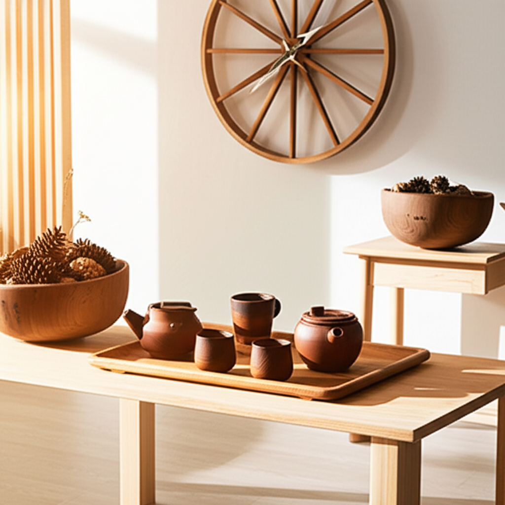 تصویری از یک فضای نشیمن دنج با تزئینات چوبی دست‌ساز، شامل سینی، ساعت دیواری و ظروف چوبی.