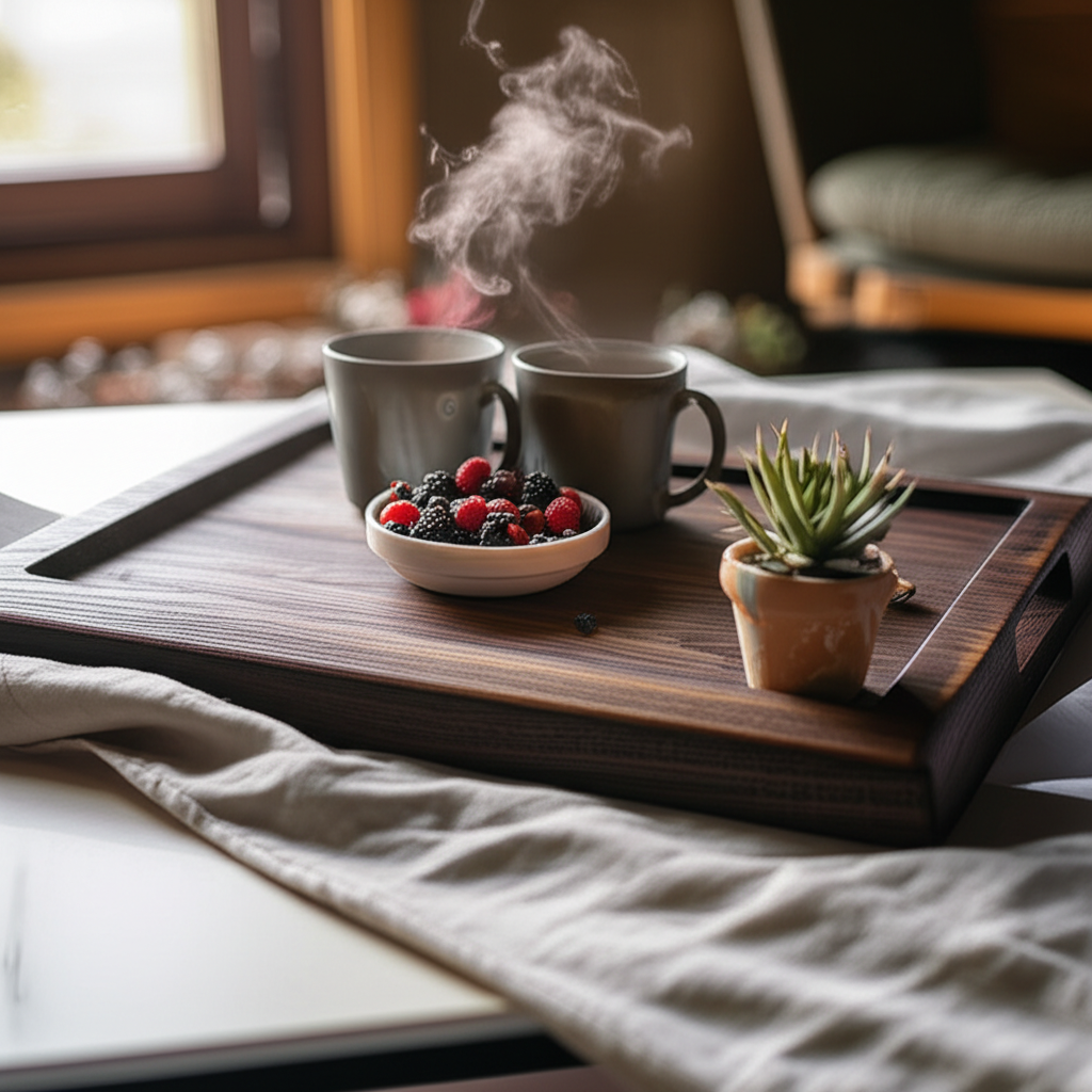 یک سینی چوبی زیبا از چوب تیره با بافت طبیعی، که روی یک میز قهوه قرار دارد و روی آن دو فنجان قهوه، یک کاسه توت و یک گلدان کوچک قرار گرفته است.