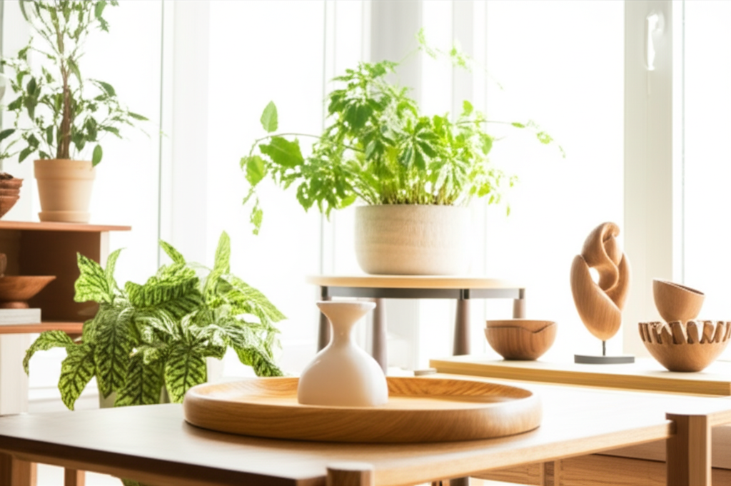 چیدمان دکوراسیون داخلی با استفاده از ظروف و لوازم چوبی دست‌ساز در فضایی روشن و دلنشین، نمادی از زندگی سبز و خانه‌ای پایدار.