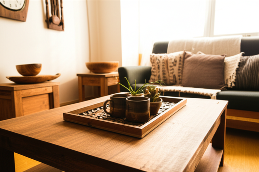 یک فضای نشیمن گرم و دلنشین که با سینی چوبی دست‌ساز روی میز جلو مبلی، ساعت چوبی روی دیوار و کاسه‌های چوبی دکوری تزیین شده است.