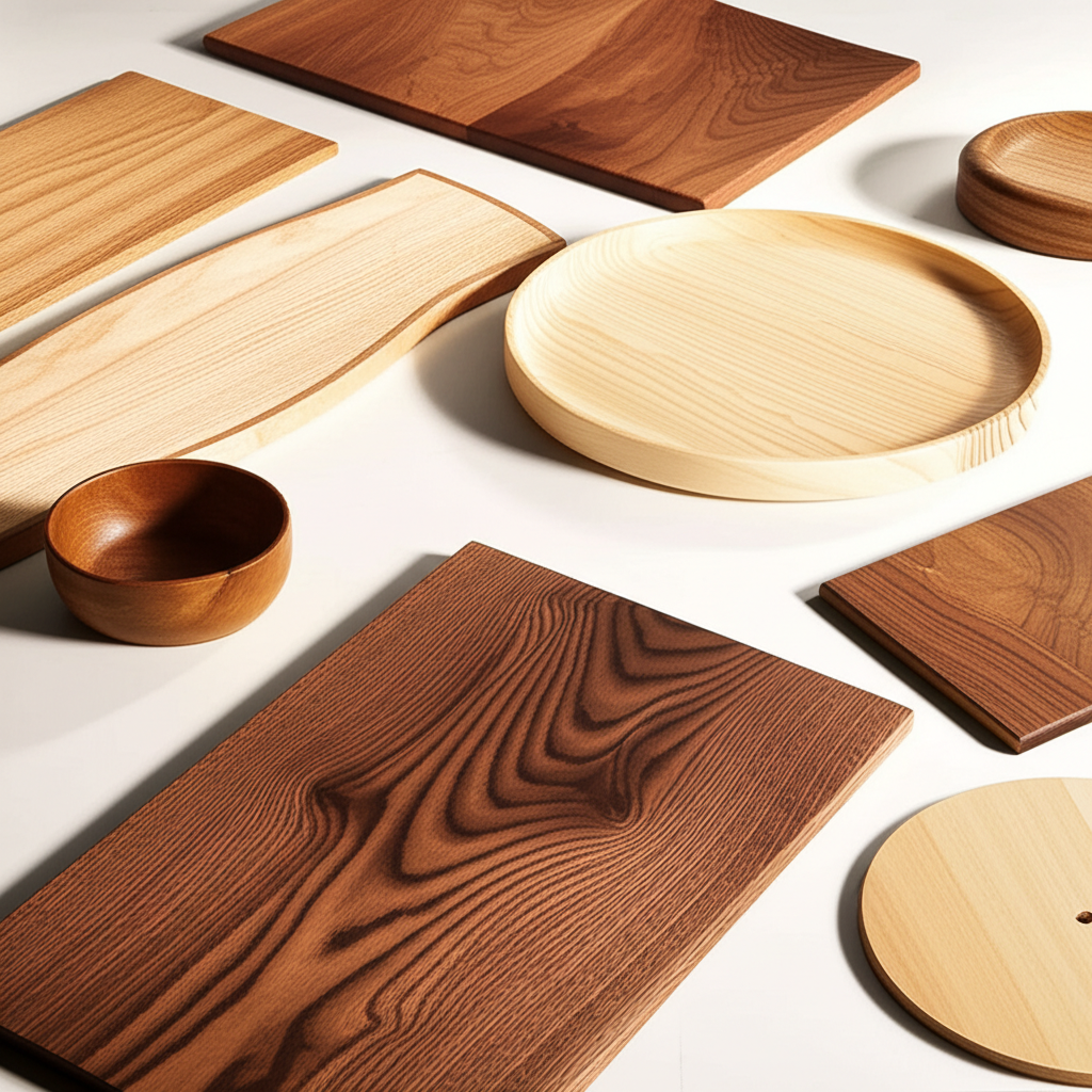 نمونه‌هایی از چوب‌های گردو، راش، افرا و بلوط با بافت و رنگ‌های مختلف که برای ساخت لوازم دکوری منزل استفاده می‌شوند.