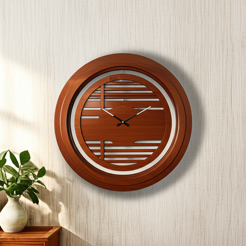 یک ساعت دیواری چوبی دست‌ساز با طراحی مینیمال، آویزان بر دیوار گرم نشیمن با نور طبیعی ملایم.