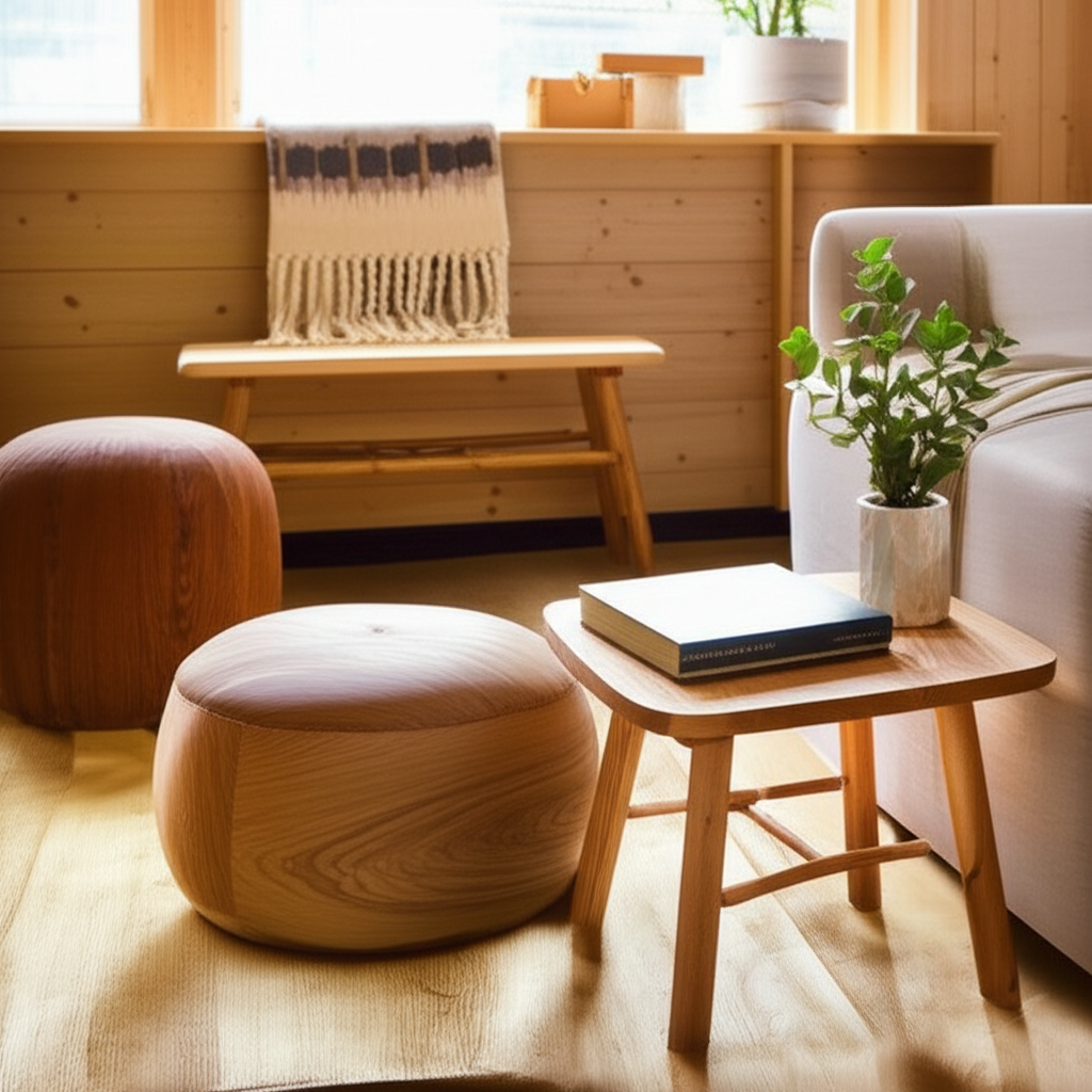 نمایی دلنشین از نشیمن با میز عسلی و پاف چوبی دست‌ساز، نشان‌دهنده گرما و زیبایی چوب در دکوراسیون منزل.