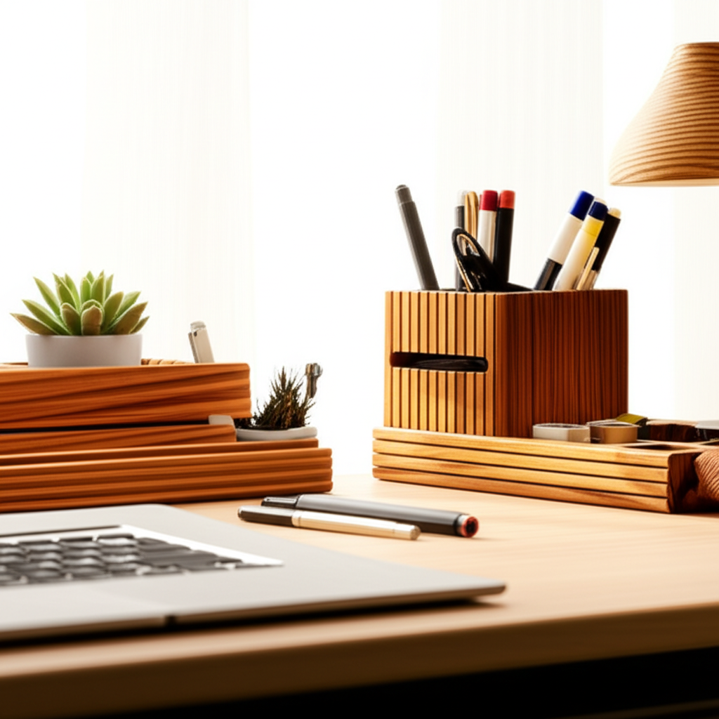 میز کار و مطالعه منظم با استند لپ‌تاپ چوبی، ارگانایزر و چراغ مطالعه چوبی، در فضایی با نور طبیعی و گیاه.