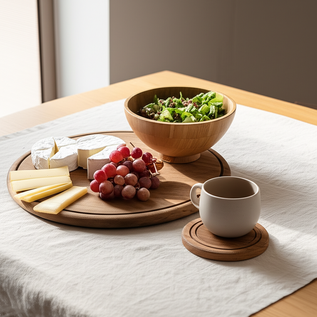 میز غذاخوری زیبا با ظروف و اکسسوری‌های چوبی دست‌ساز، شامل تخته سرو پنیر، کاسه سالاد چوبی و زیرلیوانی