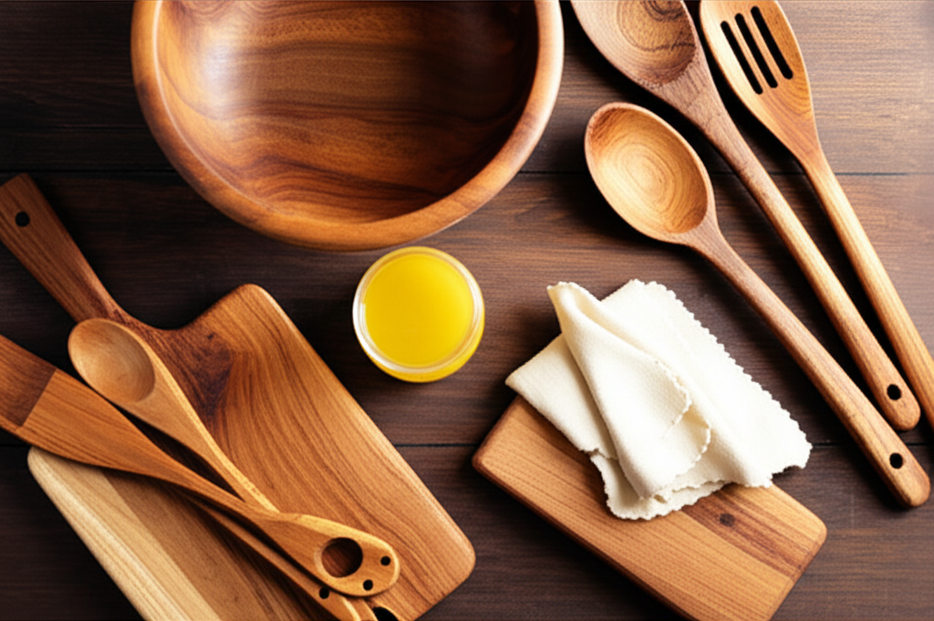 انواع ظروف چوبی خوراکی در کنار روغن مخصوص برای پوشش دهی