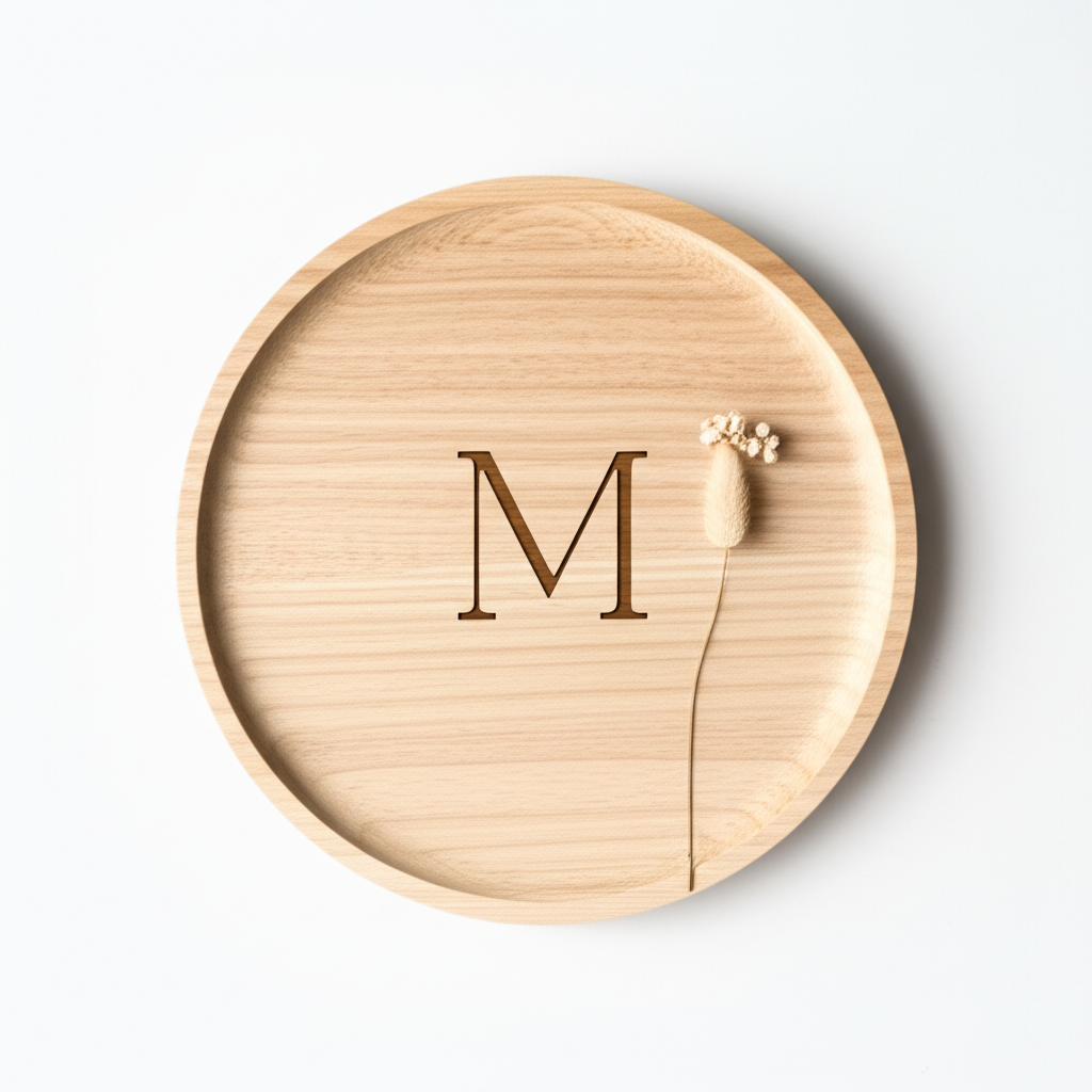 سینی چوبی گرد دست‌ساز با حکاکی لیزری حرف اول نام، مناسب برای هدیه شخصی‌سازی شده