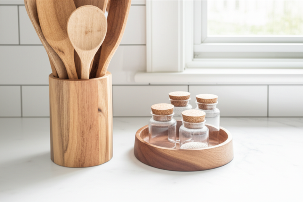 تصویری از یک جا قاشق و چنگالی چوبی دست‌ساز پر از ابزار آشپزی چوبی و یک سینی چوبی کوچک حاوی ظروف ادویه، که همگی به زیبایی روی کانتر آشپزخانه چیده شده‌اند و نشان‌دهنده نظم و زیبایی چوب در آشپزخانه هستند.