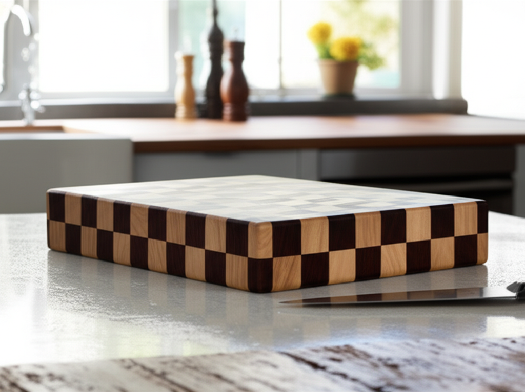 نمایی نزدیک از یک تخته گوشت چوبی ساخته شده از چوب گردو و افرا