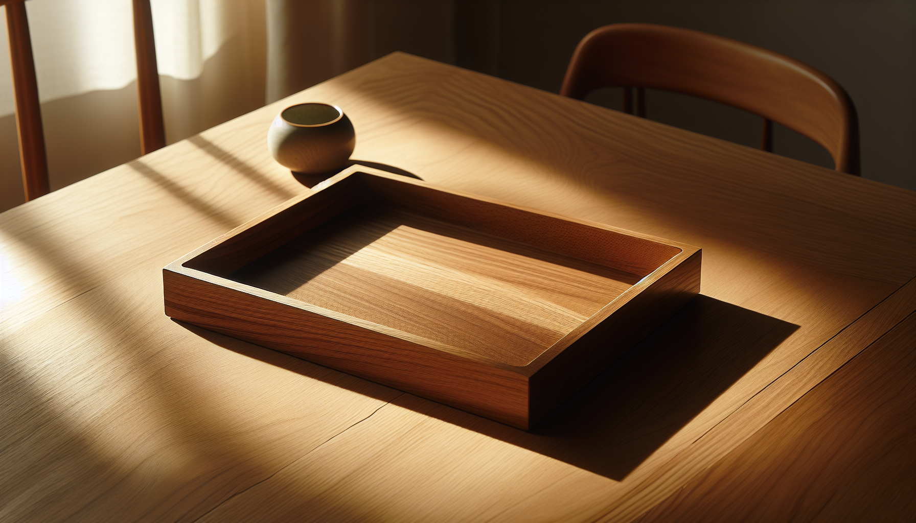 سینی چوبی بر روی میز چوبی طبیعی با نور طبیعی و سایه‌های نرم